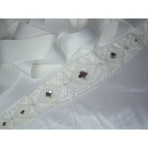 White beaded bridal dress belt sash, rhinestone beaded evening party belt sash